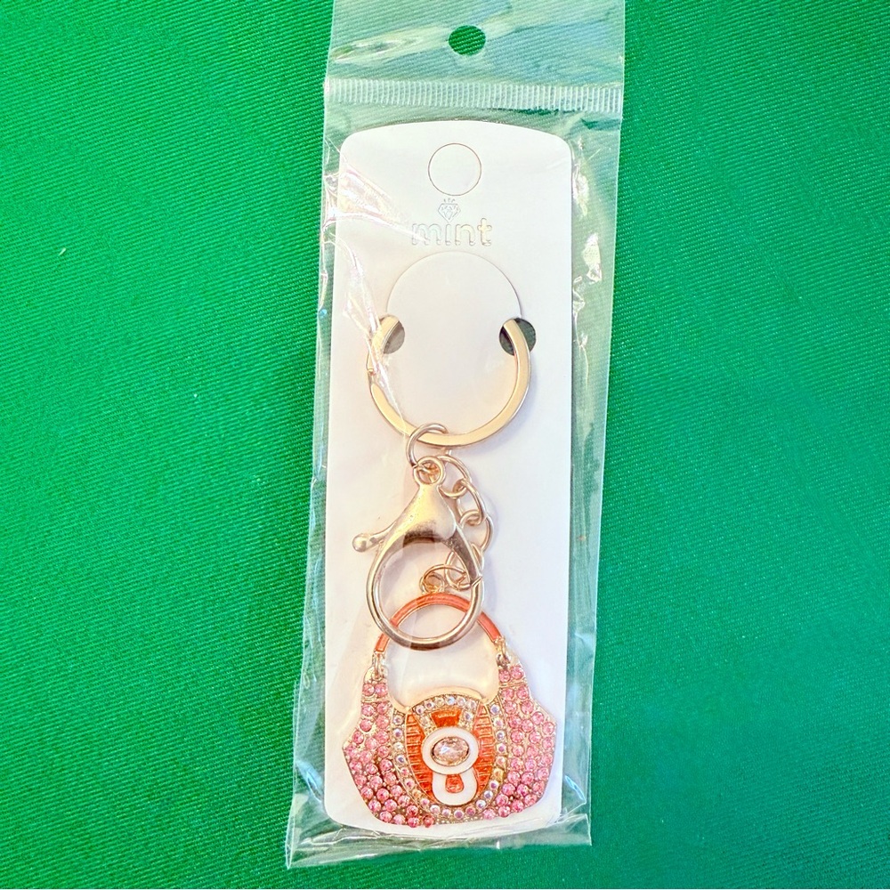 NWT Mint Pink & Orange Rhinestone Purse Keychain or Bag Charm